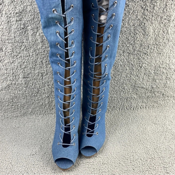 Denim Boots Over Knee Peep Toe Corset Lace Up Stiletto Heel Jeans Side Zip Shoes - Picture 6 of 15